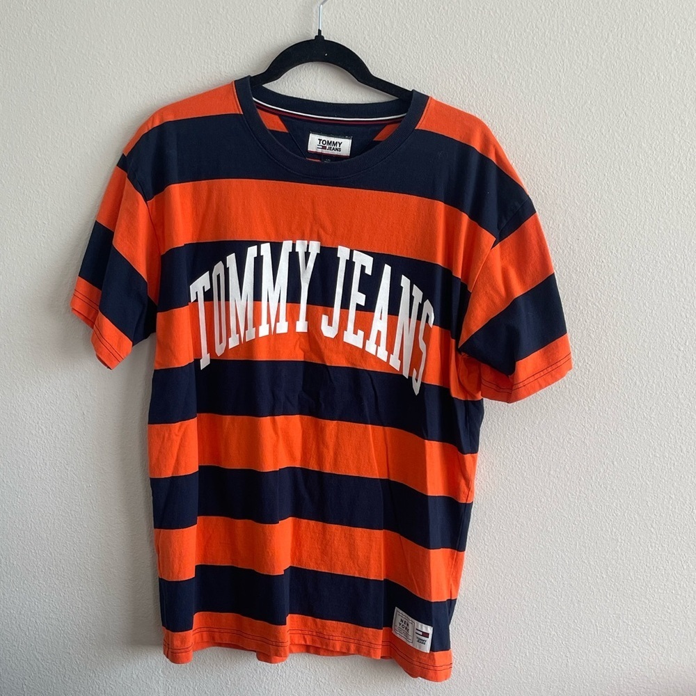 Tommy Jeans Orange and Navy Striped T-Shirt Size L